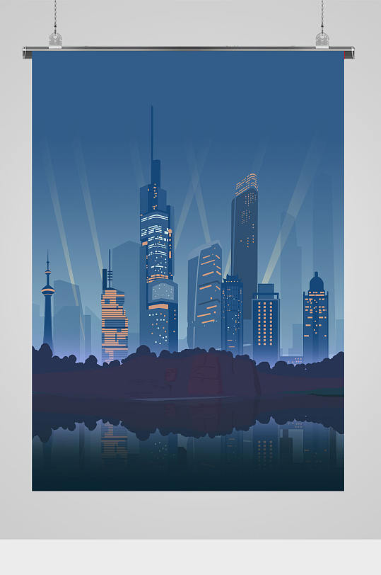 大城市建筑物夜景插画