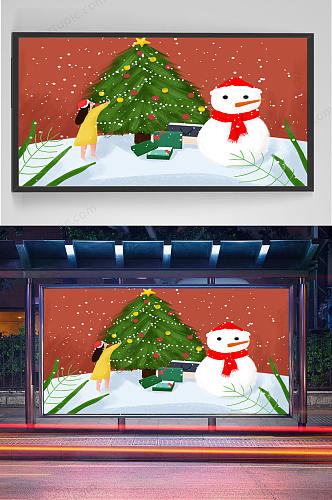 圣诞节雪地雪人插画