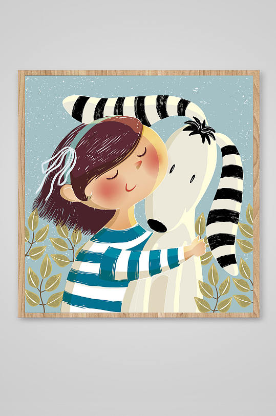 小女孩与动物童趣插画