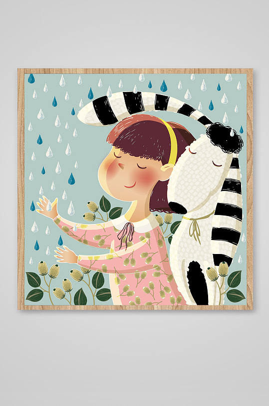 小女孩与动物童趣插画