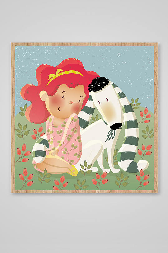 小女孩与动物童趣插画