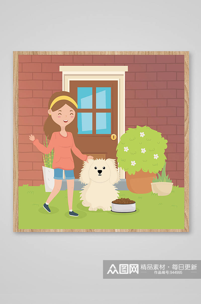 宠物小狗遛狗插画素材