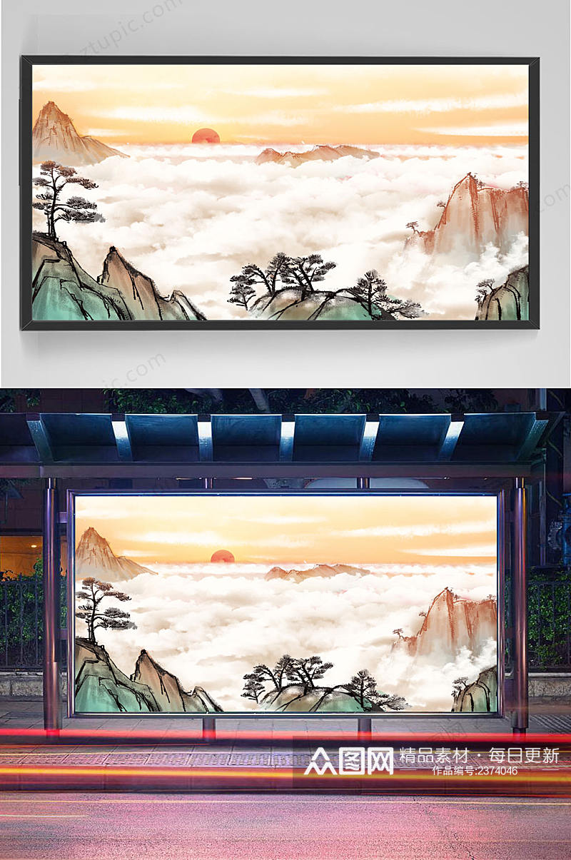 淡色禅意山水风景画素材