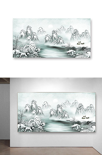 中国风白色山水下雪画卷国画长卷插画