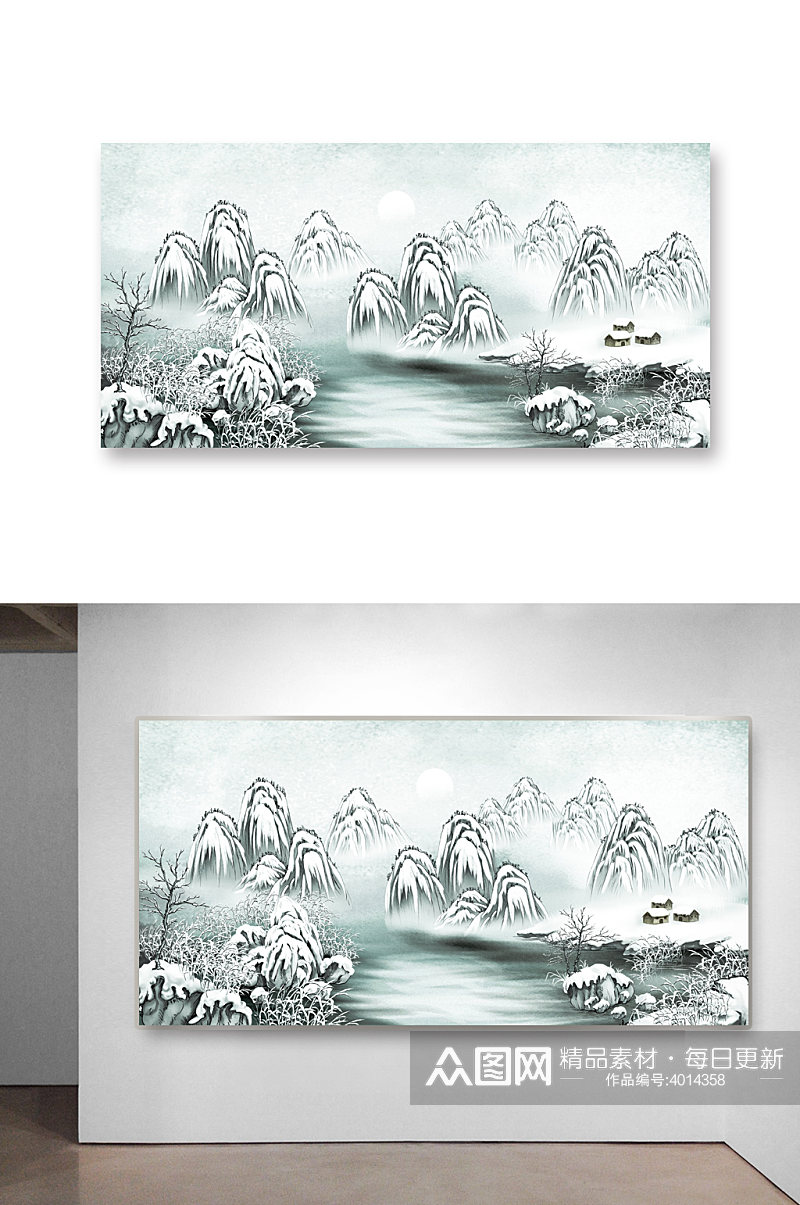 中国风白色山水下雪画卷国画长卷插画素材