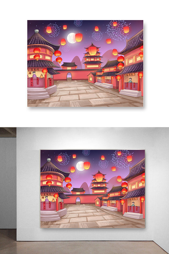 红色古镇夜市商铺喜庆插画