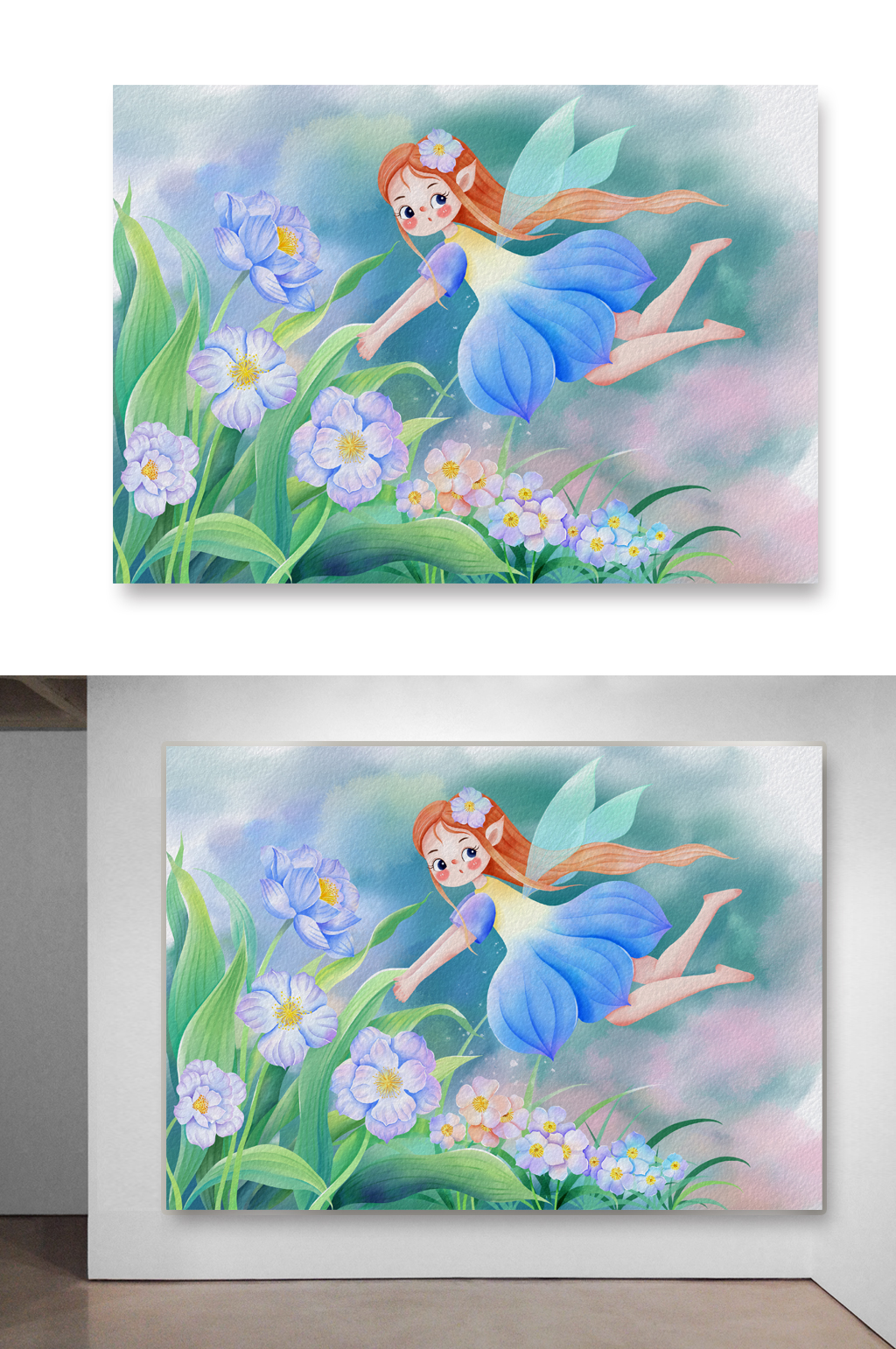 蓝色花仙子可爱童趣小女孩花朵插画素材