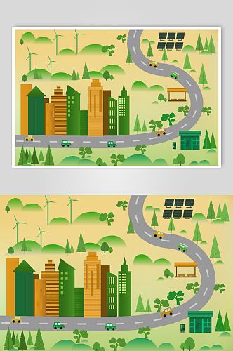 绿色城市生活高楼大厦汽车新能源创意插画
