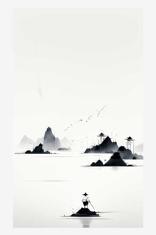 老温钓鱼水墨山水画黑白画