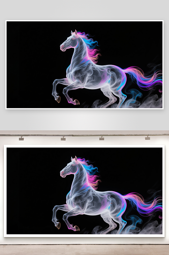 水墨画霓虹烟雾形成的战马狂奔-众图网