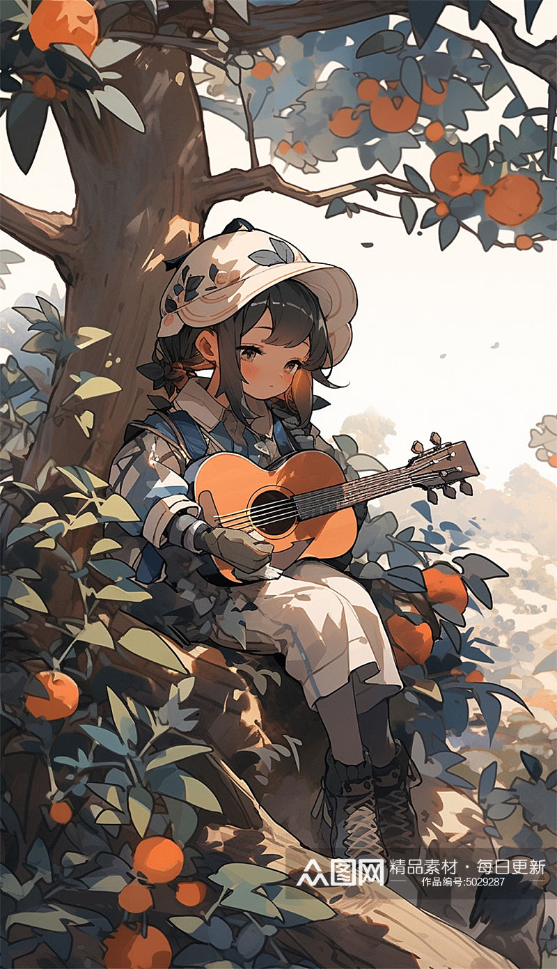 树下的吉他少女数字艺术AI素材