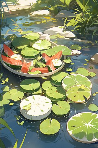 池塘上漂浮的西瓜数字艺术AI