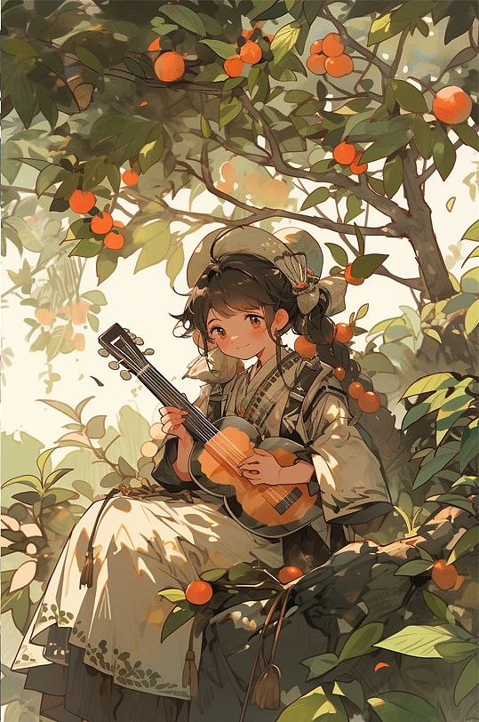 柑橘树下的吉他少女数字艺术AI