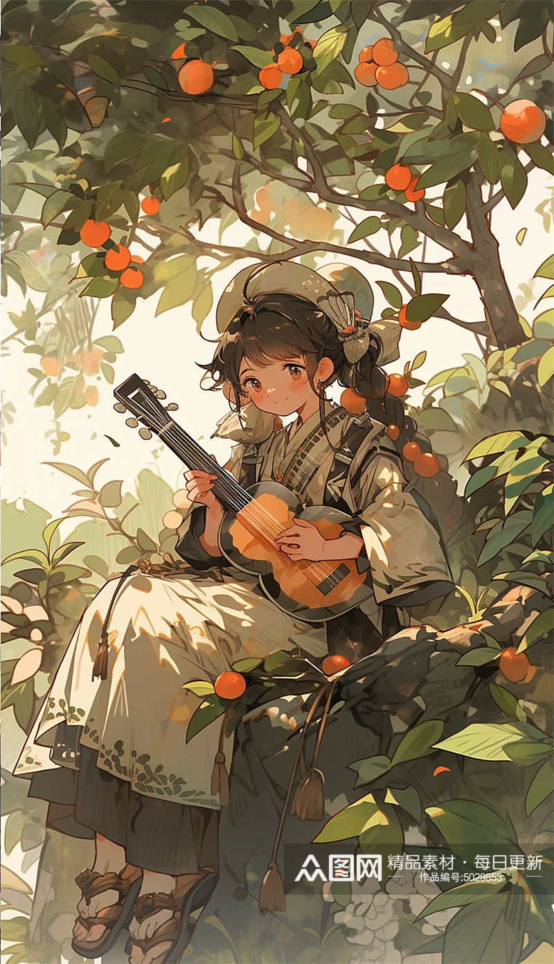 柑橘树下的吉他少女数字艺术AI素材
