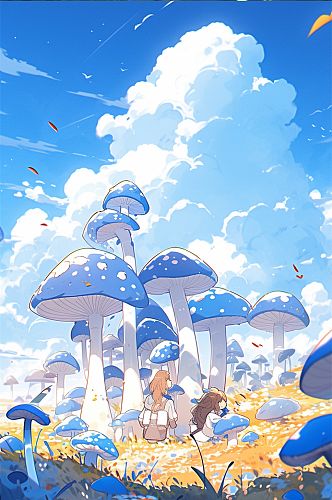 蓝色蘑菇数字艺术AI