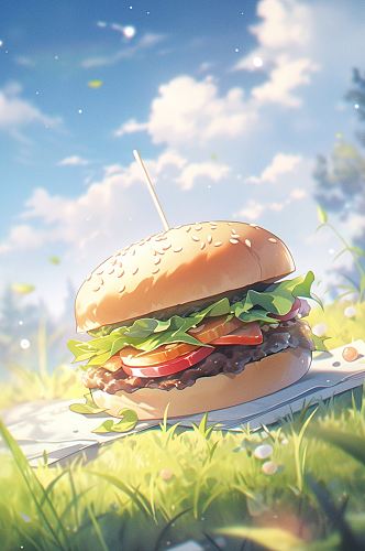 AI数字艺术动漫汉堡美食插画