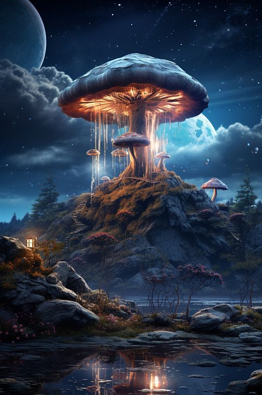数字艺术蘑菇风景图片插画