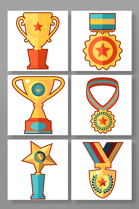 扁平化卡通奖杯奖牌荣誉元素插画-众图网