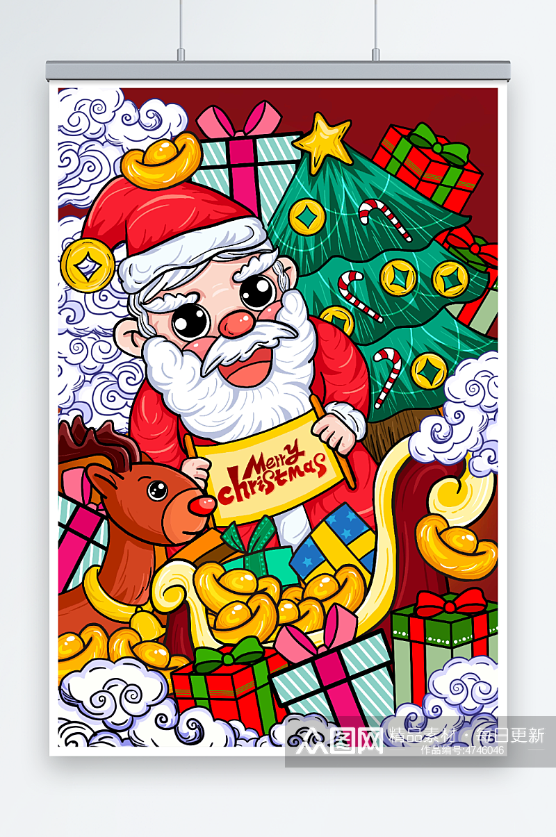 国潮风圣诞节驯鹿圣诞老人礼物插画素材