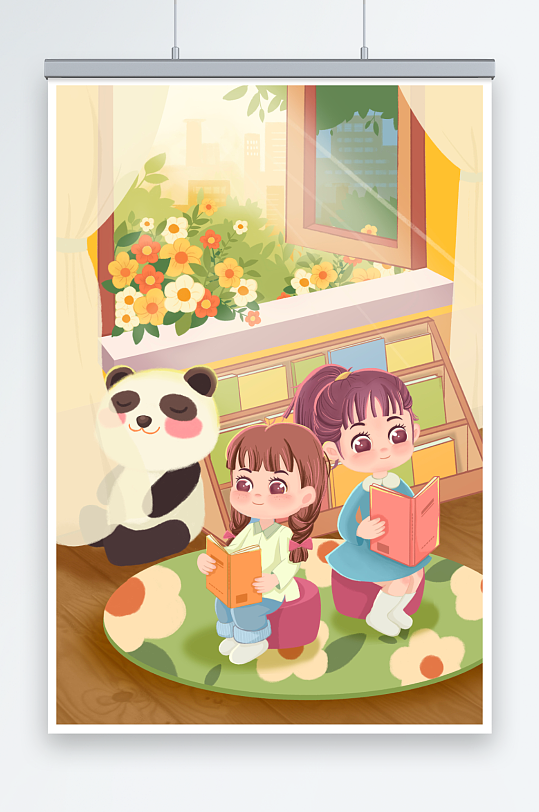 温馨儿童读书阅读图书人物插画-众图网
