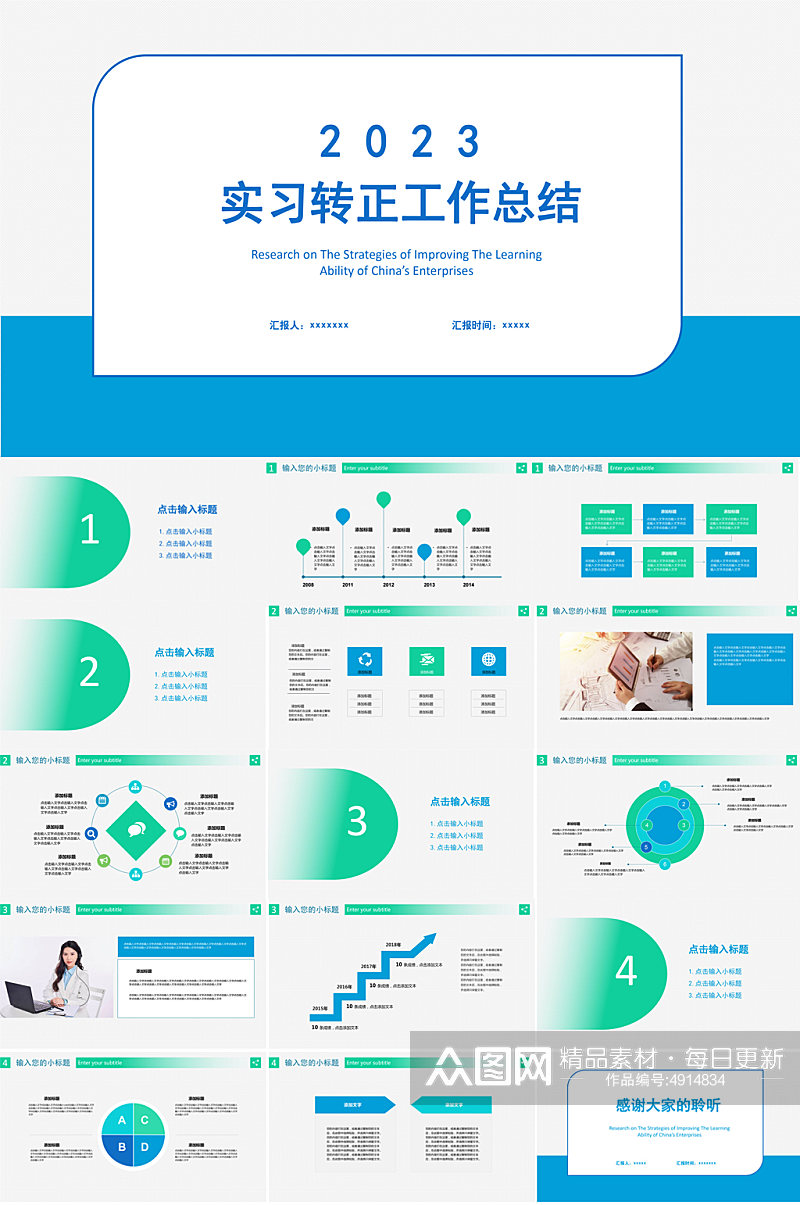 蓝绿色试用期员工转正述职报告企业PPT素材