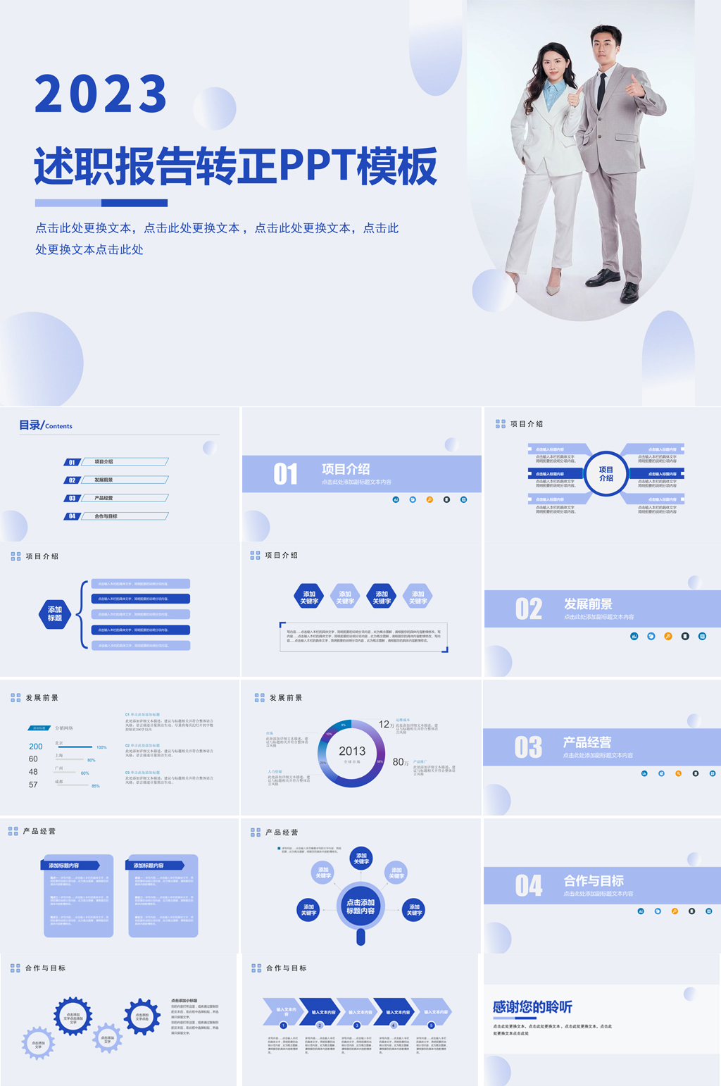 蓝色试用期员工转正述职报告企业PPT素材