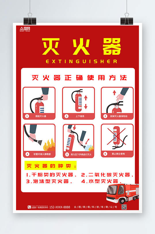 简约消防灭火器使用步骤方法海报