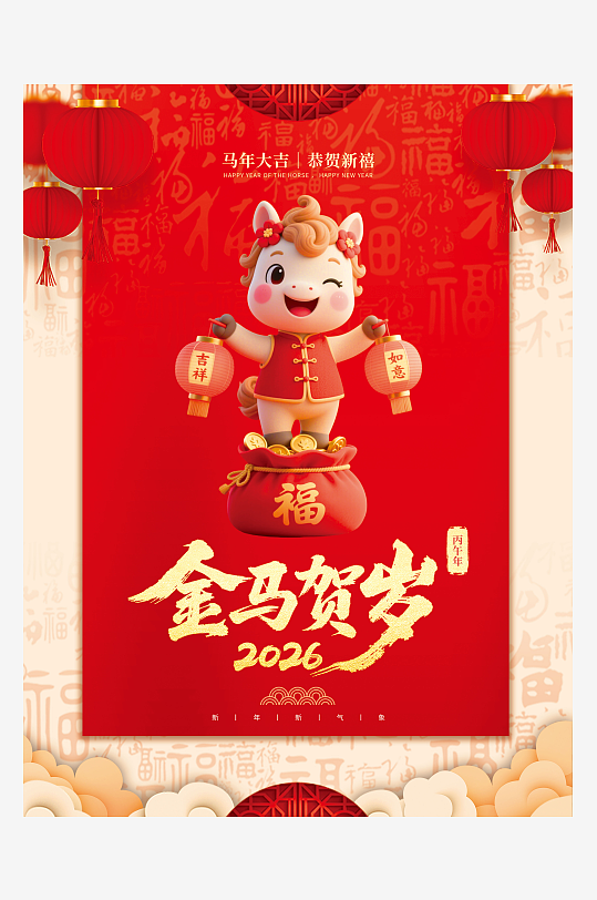 2026马年新年春节红色喜庆海报-众图网