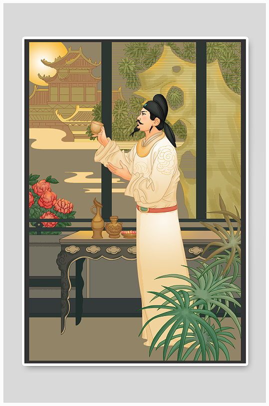 李白月下诗意古风古代诗人词人人物插画