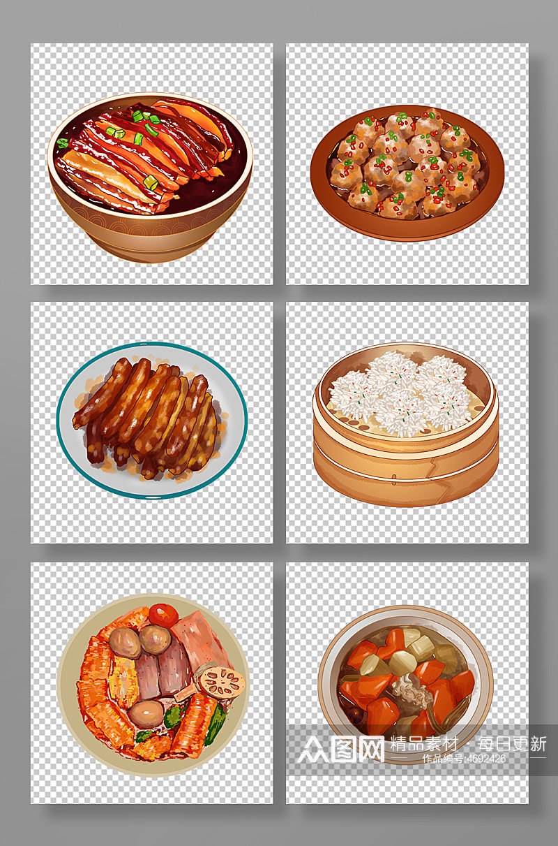扣肉腊肠炖汤丸子秋季传统美食元素插画素材