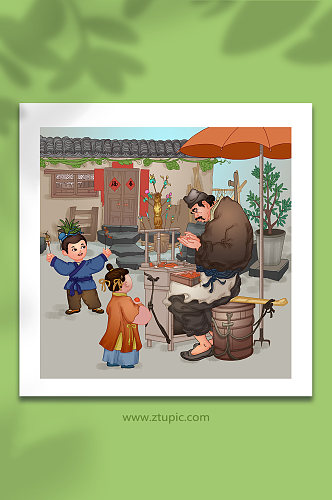 面人糖人小吃古代中华传统美食手工艺人物插画