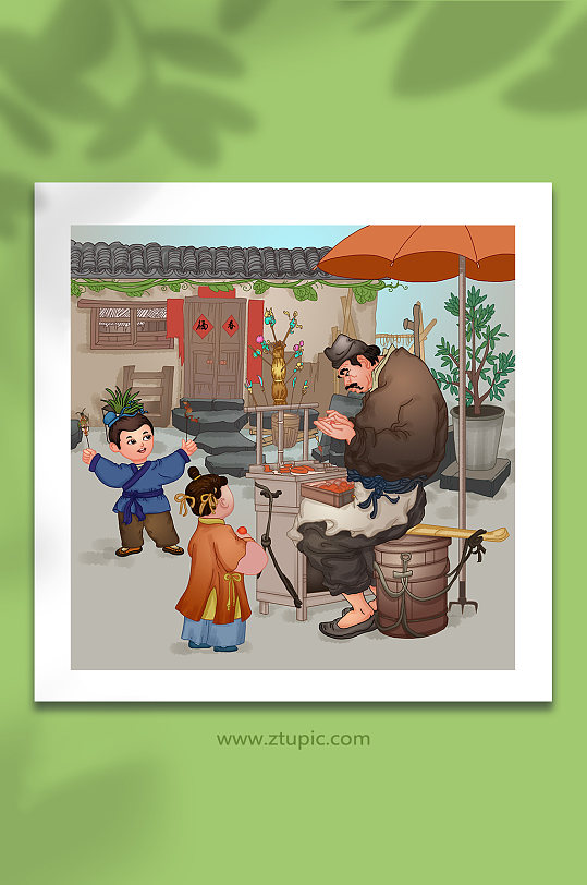 面人糖人小吃古代中华传统美食手工艺人物插画
