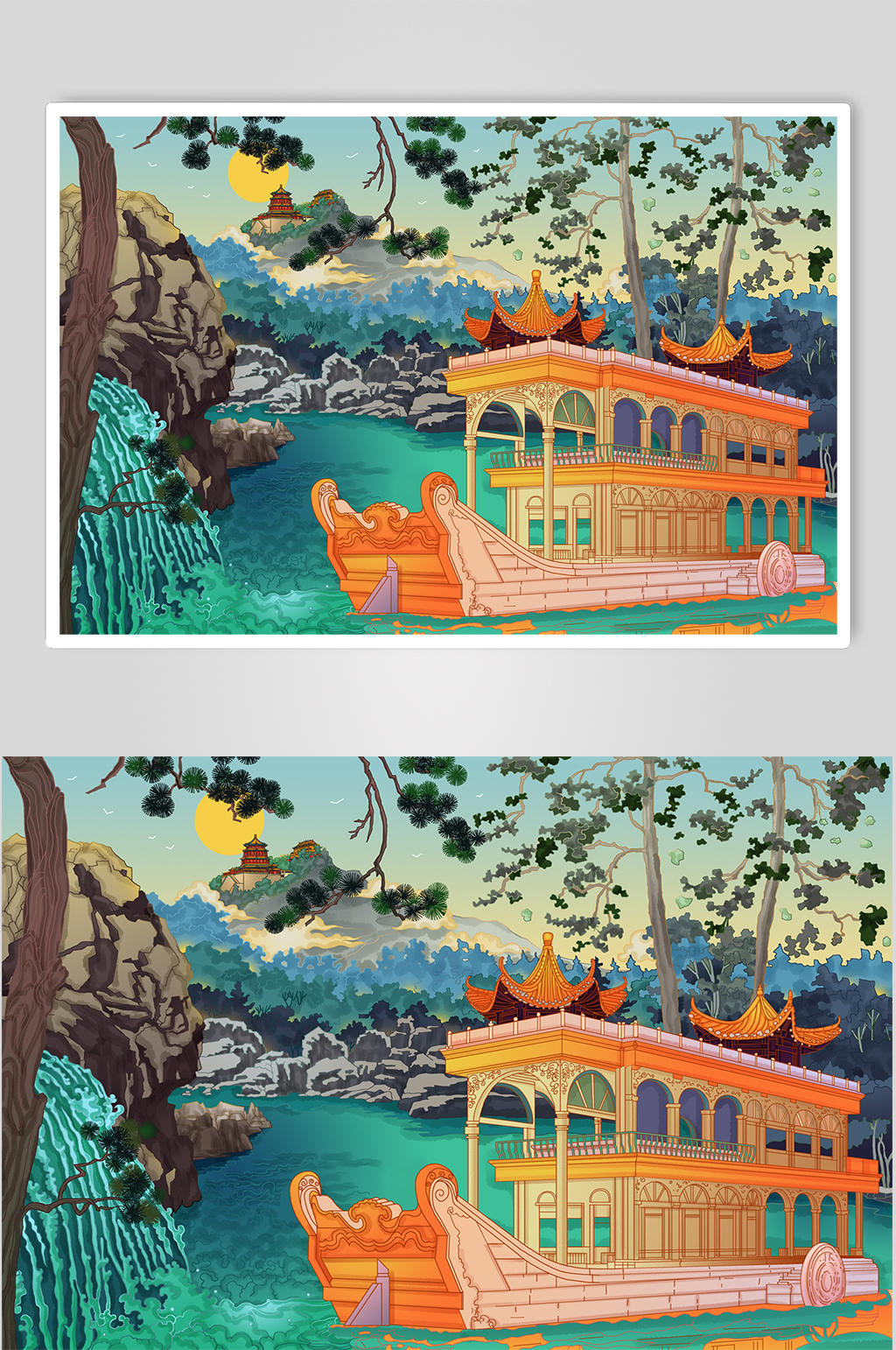 颐和园石舫景点风光北京城市建筑插画素材