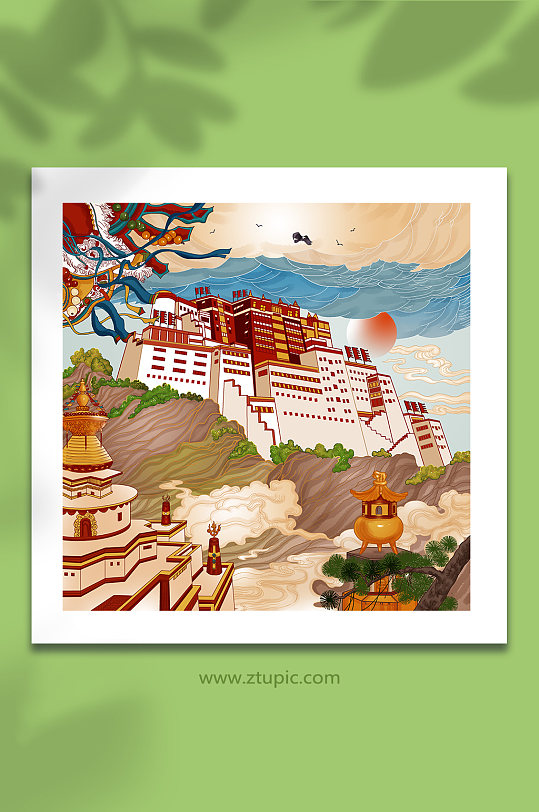 布达拉宫大昭寺旅游西藏城市建筑插画