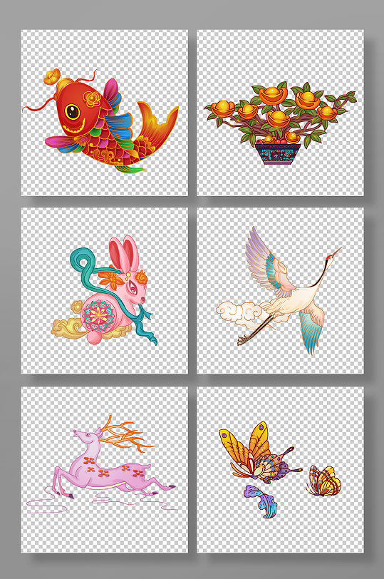 锦鲤招财树玉兔仙鹤国潮吉祥元素插画-众图网