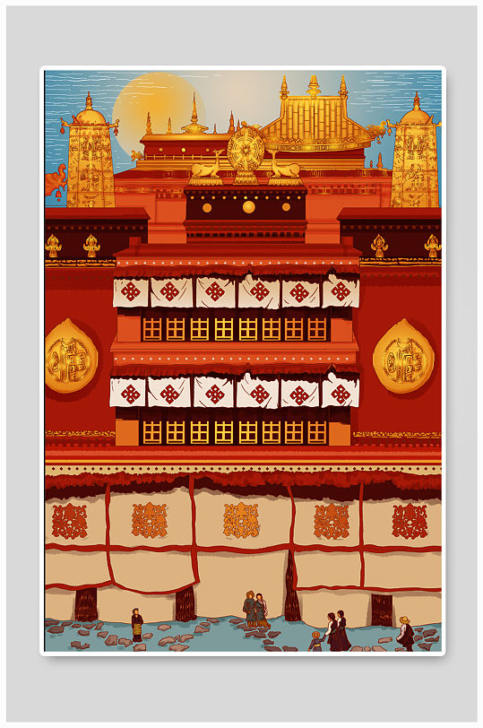 大昭寺藏传佛庙旅游景点西藏城市建筑插画