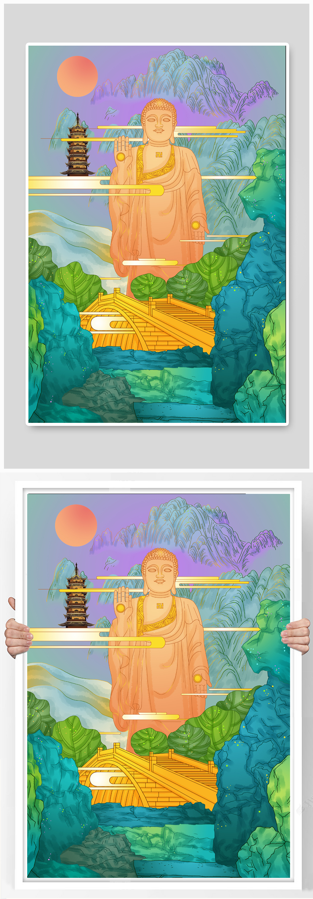 南禅寺灵山大佛无锡城市地标建筑插画素材