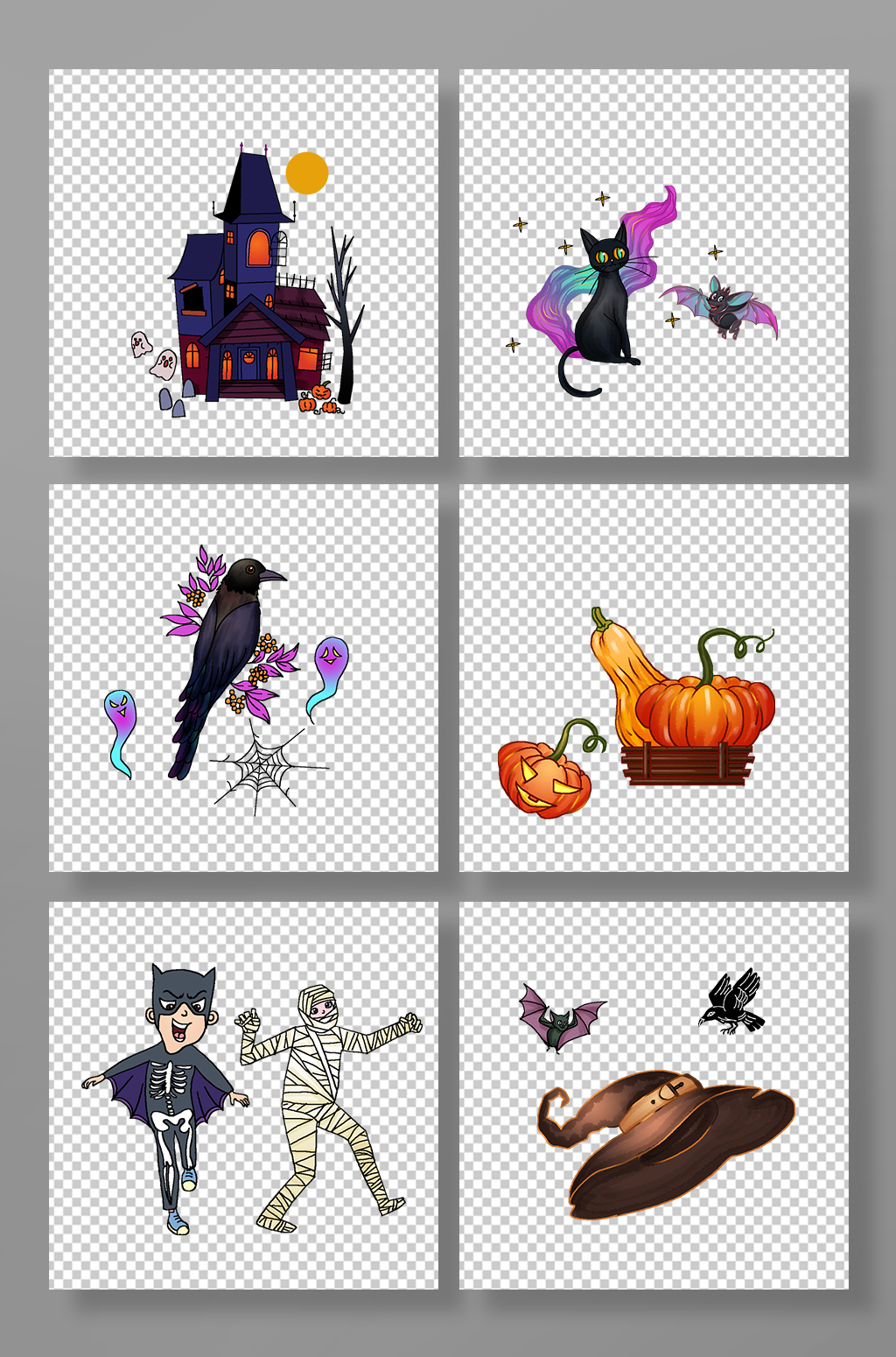 古堡黑猫乌鸦南瓜灯魔法万圣节元素插画素材