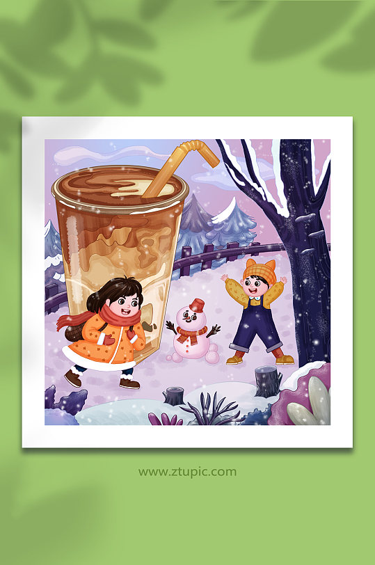 雪天温暖热饮冬季奶茶人物插画