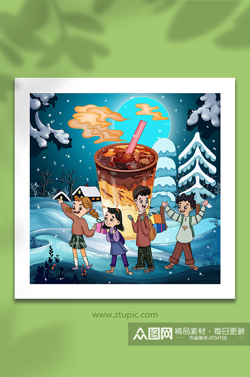 冰雪世界温暖饮料冬季奶茶人物插画素材