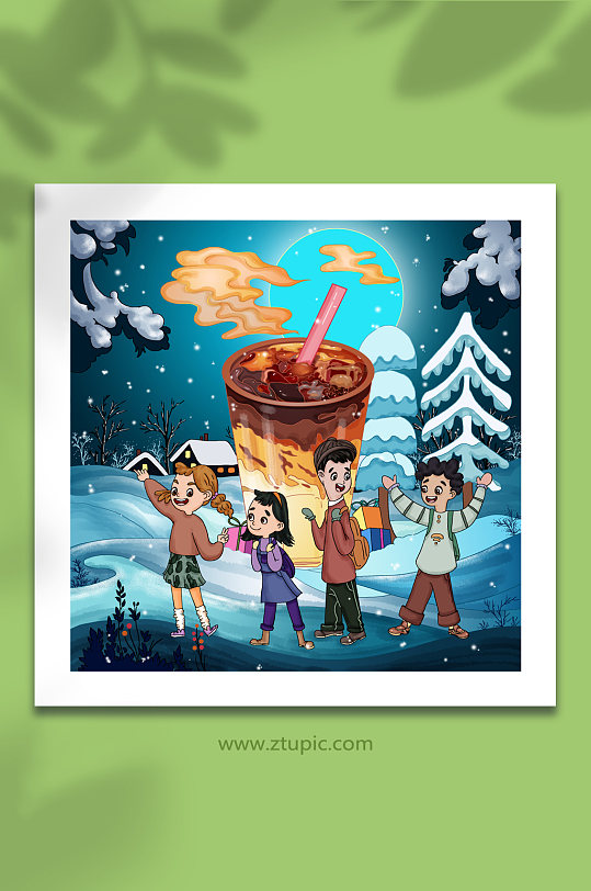 冰雪世界温暖饮料冬季奶茶人物插画