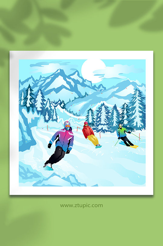 极限运动时尚单板双板冬季滑雪人物插画