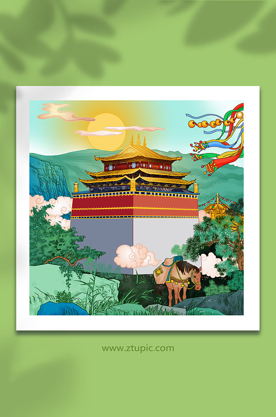城市旅游名片藏传佛寺香格里拉地标建筑插画