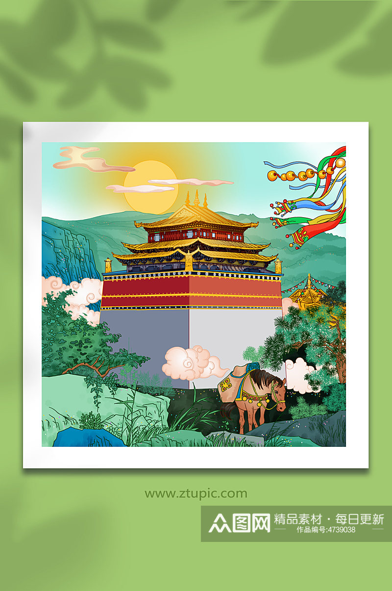 城市旅游名片藏传佛寺香格里拉地标建筑插画素材