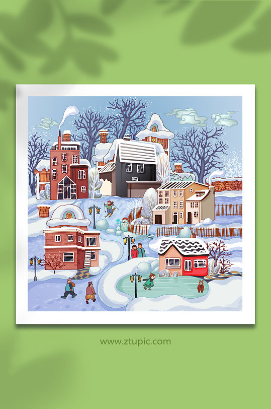 冬季大雪寒冷风光温暖深冬城市雪景插画