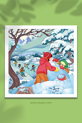 冬天雪人滑雪滑冰运动大雪节气人物插画
