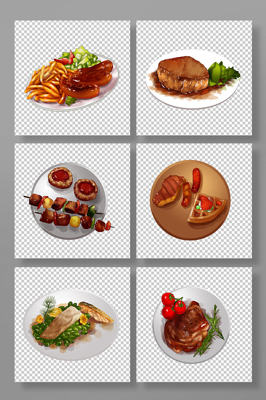 薯条烤肠肉串熏鱼烤鸡牛排西餐美食元素插画-众图网