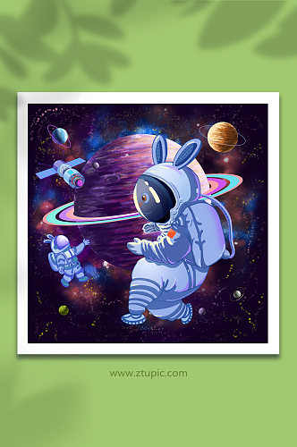 太空星空行星恒星拟人卡通宇航员兔年插画