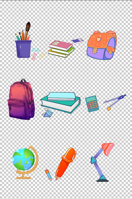 笔筒地球仪台灯校园文具书本笔书包元素插画-众图网