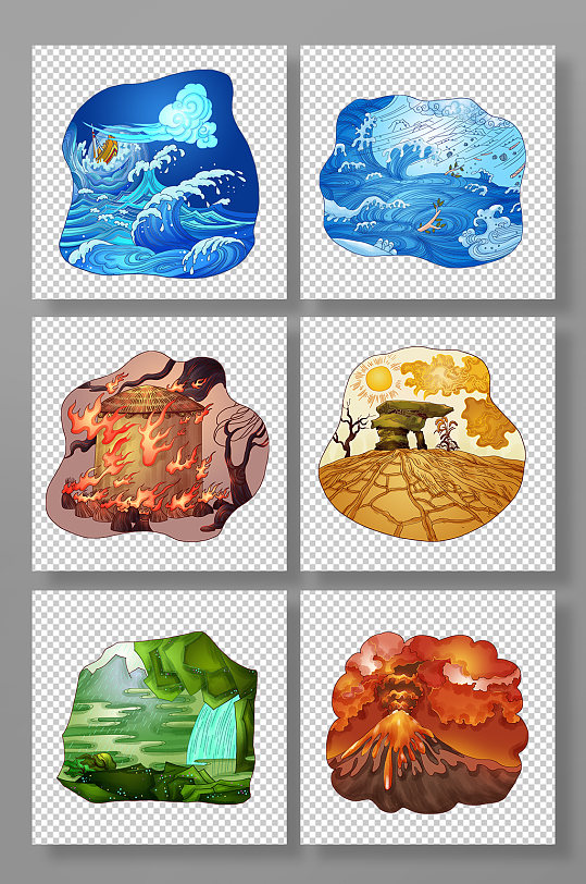 暴风雨火灾干旱火山喷发自然灾害元素插画-众图网
